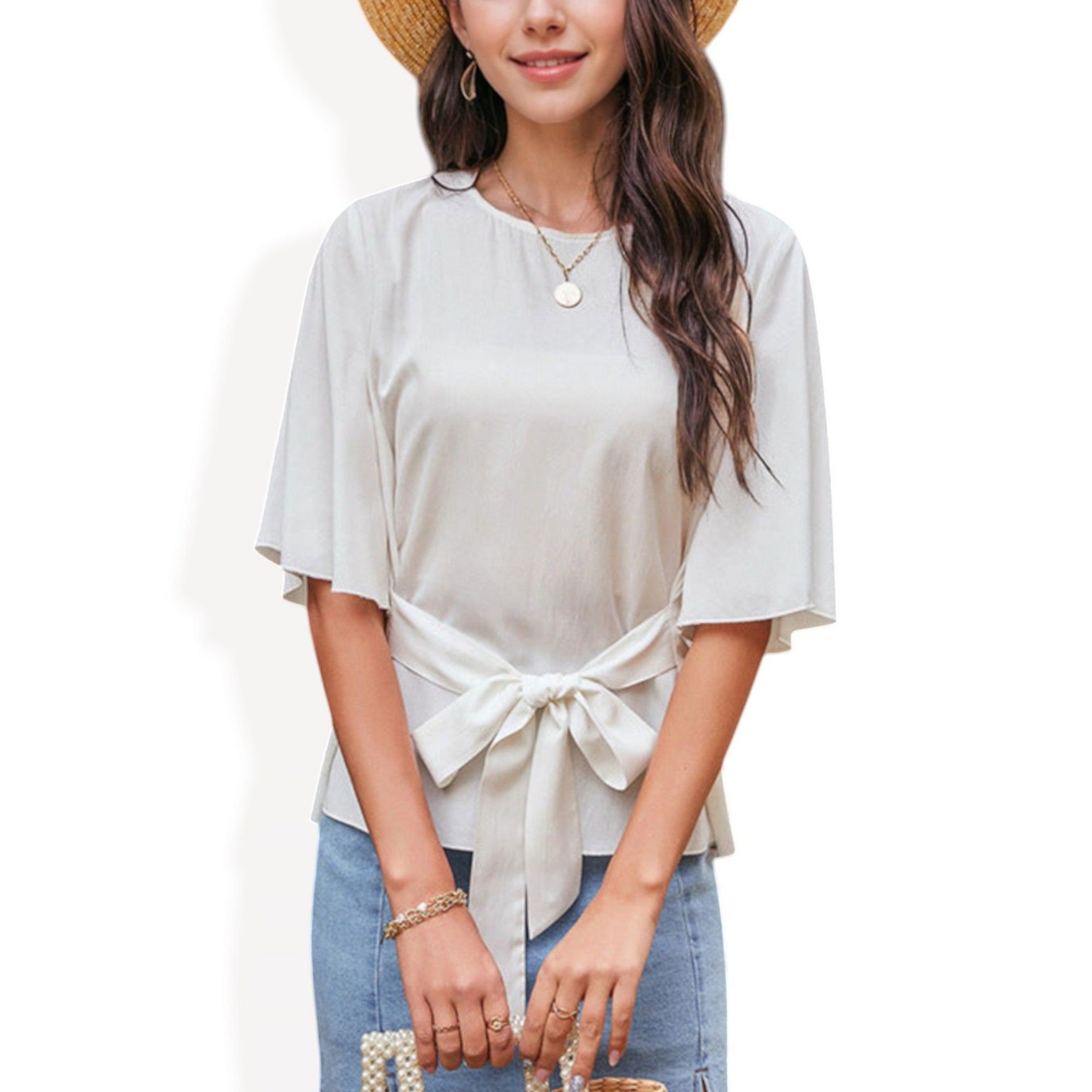 Anna-Kaci Women's Flutter Sleeve Top with Waist Tie and Round  Neckline for Casual Looks - Small, White