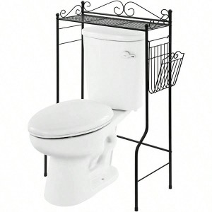 Black Metal Over Toilet Standing Shelf with Vintage Scrollwork Accents and Magazine Basket Freestanding Bathroom - 1 of 4