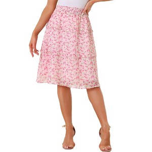 Allegra K Women's Floral Print Smocked Elastic Waist Midi Flowy Tiered Ruffle Skirt - 1 of 4