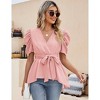 Puff Short Sleeve Ruffle Shirt for Women Deep V Neck Peplum Tops Waist Tie Chiffon Blouses Dressy Casual Waist Wrap Tops - 3 of 4