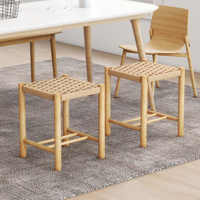 Costway Dining Stool Set of 2/4 18'' Backless with Rubber Wood Frame Woven Paper Seat Kitchen, 2 of 9