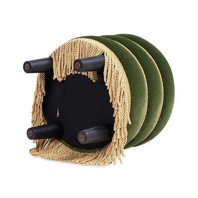 Olive Green Velvet Round Tufted Ottoman with Bullion Fringe
