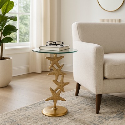 Coastal Accent Table - Metal & Marble - Metallic Finish - Stylish Side Table for Home, Office, Bedroom, Living Room - 25" Gold
