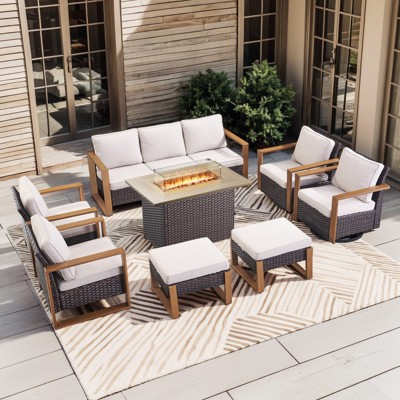 Buenhomino 8 Piece Patio Furniture Set with 41" Fire Pit Table Wicker Rattan Patio Sectional Sofa Set Outdoor Seating Furniture with Thickened Cushion