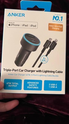 Anker 3-port 67w Car Charger With 3' Lightning To Usb-c Cable - Black :  Target