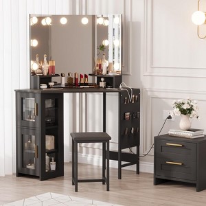 Corner Dressing Table with LED Light Mirror, 3 Lighting Modes, Stool, Cabinet and Power Outlet, Modern Dressing Table for Bedroom, Makeup Studio - 1 of 4
