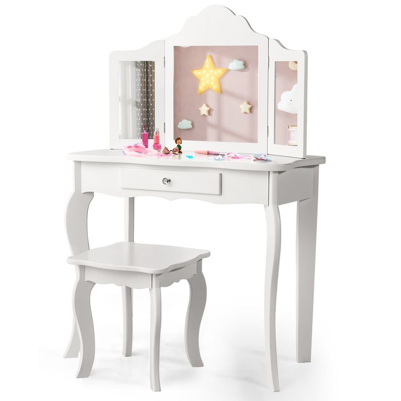 Costway Kid Vanity Table Set with Tri-folding Mirror 2-in-1 Makeup Dressing Table Stool Set, 2 of 13