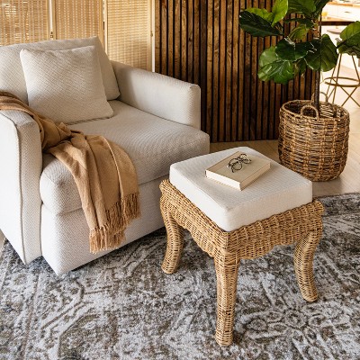 Natural Woven Rattan Vanity Stool with White Cushion