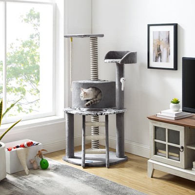 Gray Faux Fur Multi-Level Cat Tree with Hammock