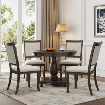 5-Piece Retro Dining Set, Round Table with Pedestal Table Base and 4 Upholstered Chairs for Dining Room and Kitchen
