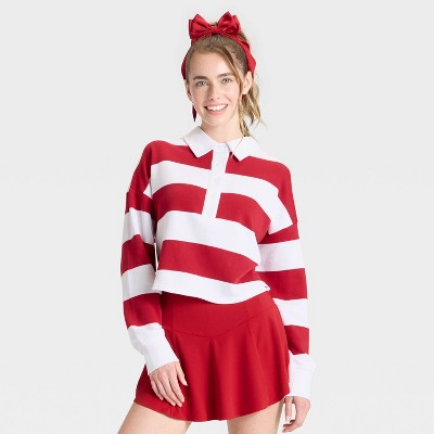 Women's Game Day Striped Cropped Long Sleeve Polo T-Shirt - JoyLab™