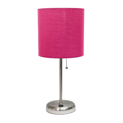 19.5" Bedside USB Port Feature Metal Table Desk Lamp Brushed Steel with Pink Fabric Shade - Creekwood Home: ETL Listed, No Assembly Required