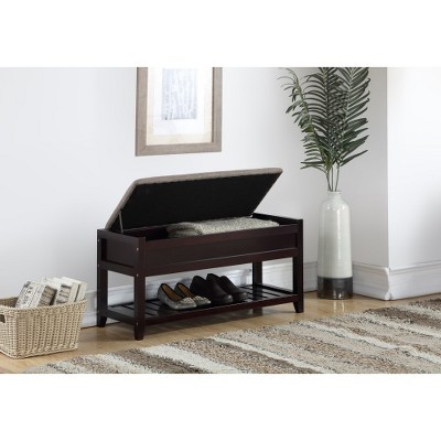 Modern Storage Bench with Lift-Up Seat, Gray Fabric Upholstery, Espresso Pine Frame & Bottom Slatted Shelf, 35.4"W Entryway Seating