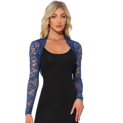 Allegra K Women's Floral Lace Ruffle Long Sleeve Open Front Cropped Cardigan