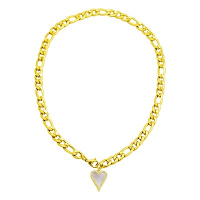 Adornia Tarnish Resistant 14k Gold Plated Figaro Chain With Crystal Halo Mother-of-Pearl Heart