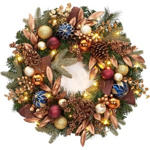 TackView 24" Christmas Wreaths for Front Door, Xmas Wreath Decor with Pine Cones, Berries, Ball Ornaments, Leaves, Gold - 1 of 4