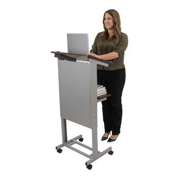 Stand Up Desk Store Mobile Adjustable Height Rolling Lectern Podium with Heavy Duty Steel Frame (Silver Frame/Dark Walnut Shelves, 25.5" Wide)