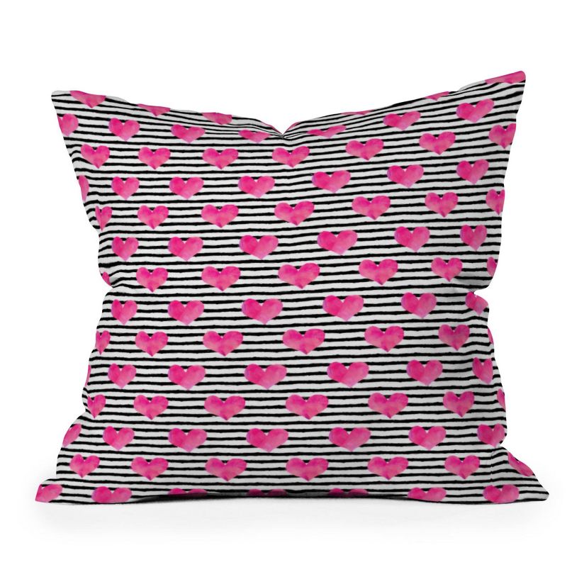 Little Arrow Design Co Watercolor Hearts on Striped Square Throw Pillow Pink - Deny Designs, 1 of 6