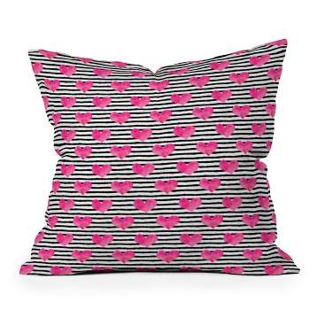 Little Arrow Design Co Watercolor Hearts on Striped Square Throw Pillow Pink - Deny Designs