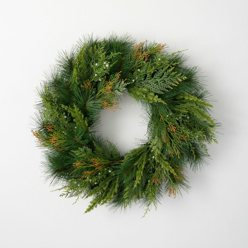 Artificial Mixed Pine & Juniper Wreath Green 24"H, 1 of 5