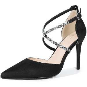 BLISSFUL STEP Women's Pointed Toe Ankle Strap Rhinestone Pumps - 1 of 3