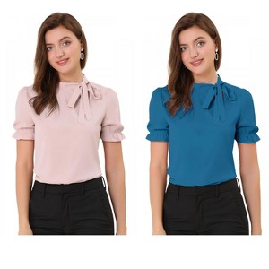 Allegra K Women's Elegant Bow Tie Neck Elastic Cuffs Office Short Sleeve Blouse 2 Pcs - 1 of 4
