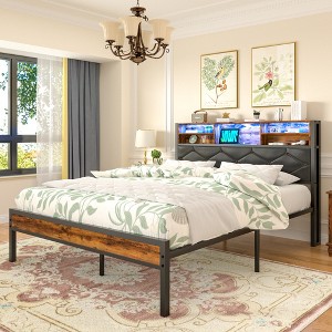 VECELO Twin/Full/Queen Size Metal Platform Bed, Bed Frame with Headboard & Footboard, Led Lights and USB Charging Station, Brown - 1 of 4