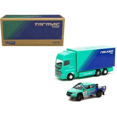 2017 Toyota Hilux AXCR Truck #119 Green and Blue Livery w/Plastic Transporter Packaging 1/64 Diecast Model Car by Tarmac Works