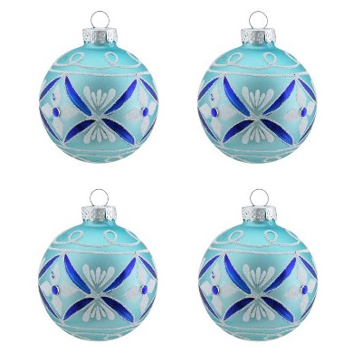 Northlight 4ct Matte Floral Glass Ball Christmas Ornament Set 2.5" - Teal Green/Blue
