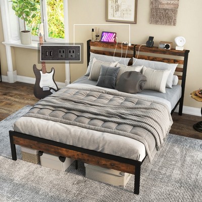 Costway Full Industrial Metal Platform Bed Frame Charging Station ...