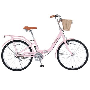YONWAY 24 Inch Single Speed Folding Lady Bike , Durable Steel Frame Cruiser Bike,with Dual Brakes,Basket & Rear Rack  for Commuting - 1 of 4
