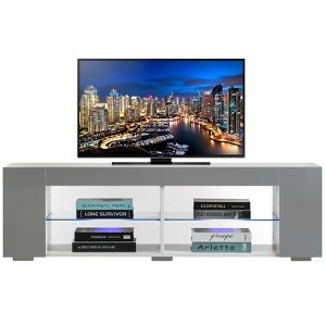 Basicwise White Entertainment TV Stand with LED Lights and Glass Shelves with UV Frame - 1 of 4
