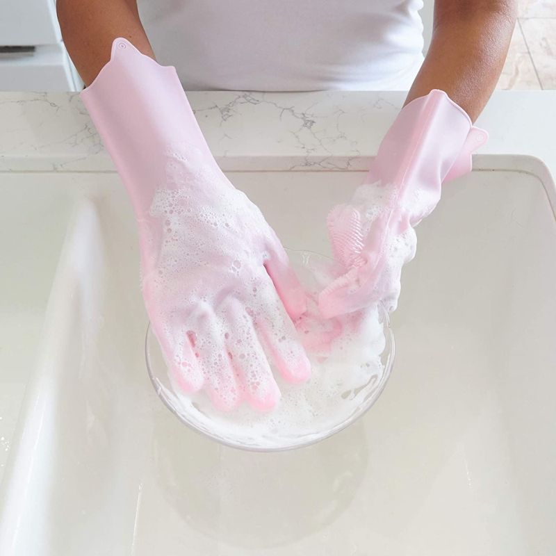 Okuna Outpost Reusable Household Silicone Cleaning Dishwashing Sponge Scrubber Gloves, Rubber Dish Car Washing Brush Gloves, Pink 1 Pair, One Size, 3 of 8