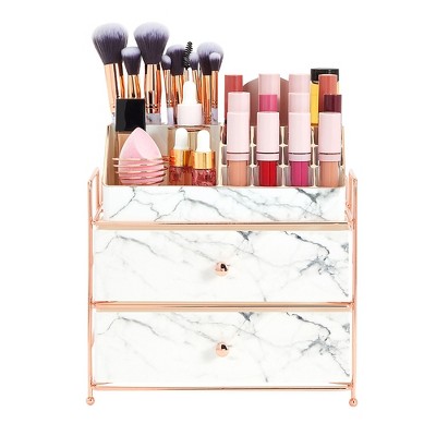 Glamlily White Marble Makeup Organizer with Rose Gold Trim, Cosmetic Storage Drawers for Vanity (9.5 x 9.5 x 5.5 in)