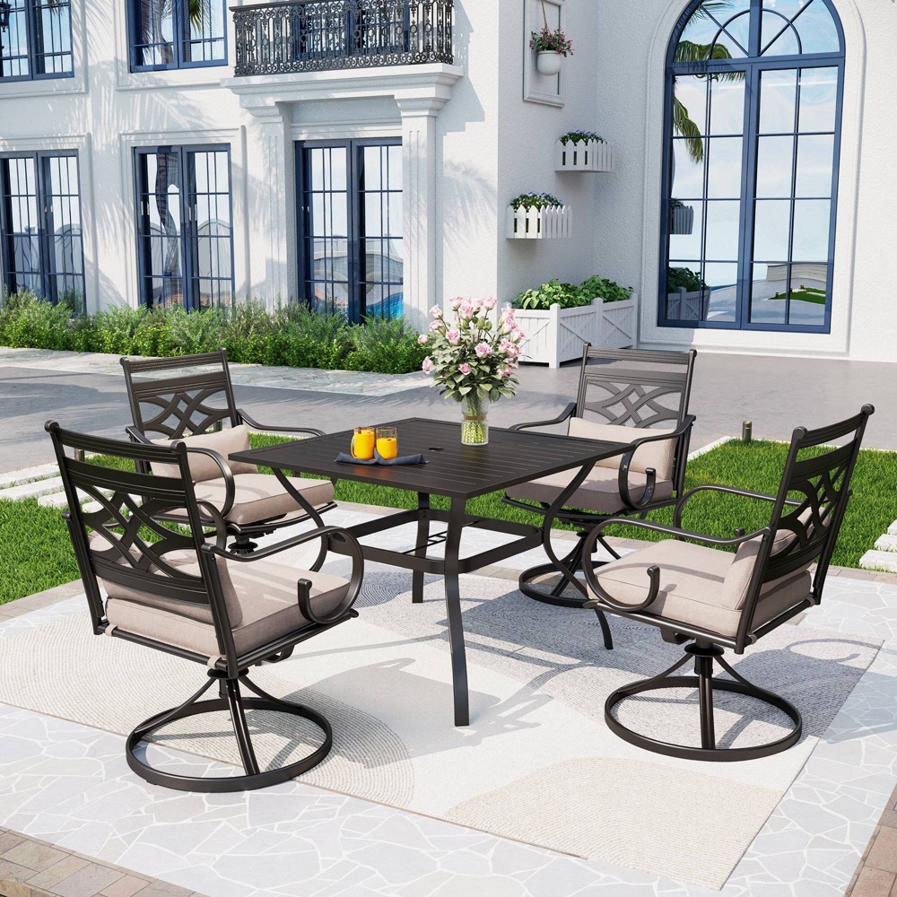 Photos - Dining Table 5pc Outdoor Dining Set with Swivel Chairs with Seat & Back Cushions & Squa