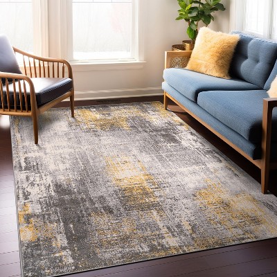 Yellow and Gray Abstract Synthetic 8' x 10' Area Rug