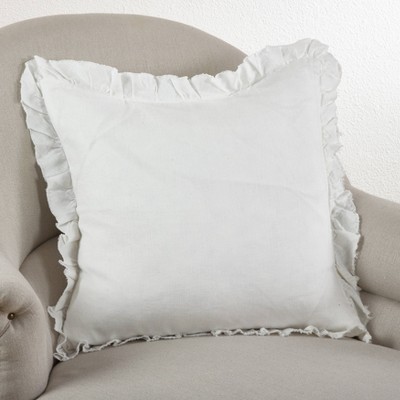 Medium White Linen Ruffled Decorative Pillow with Down Fill