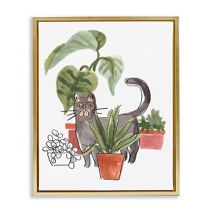 Stupell Industries Grey Cat Pet Terracotta House Plants Tropical Monstera Floating Frame Canvas Art, Gold, 17" x 21" - 1 of 4