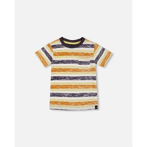 Deux par Deux Boy Printed Organic Cotton Tee Navy Striped, Orange, and Lime Green - 1 of 4