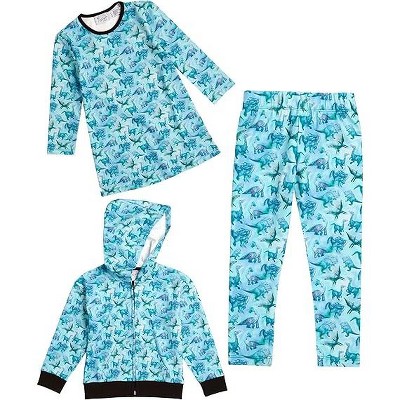 The Pink Picket Fence - Suzie Dinosaur Hoodie, Dress, and Leggings Set in Blue