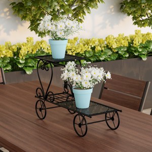 Nature Spring 2-Tier Decorative Indoor or Outdoor Wrought Iron Plant Stand for Patio, Deck, Home, or Lawn - Black - 1 of 4