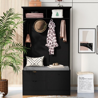 TIRAMISUBEST 5-in-1 Entryway Bench with Coat Rack & Shoe Storage - 40.6" Hall Tree Organizer, Farmhouse Style, Black
