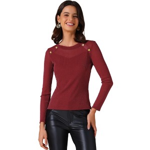 INSPIRE CHIC Women's Glitter Sheer Mesh Crew Neck Long Sleeve Button Decor Top - 1 of 4