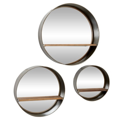 Set Of 3 Large Round Metal Wall Mirrors With Natural Wood Shelves Olivia May Target - Round Wall Shelves Set Of 3