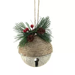 Northlight 5" Green Rustic Pine Cone and Holly Berry Jingle Bell Christmas Ornament