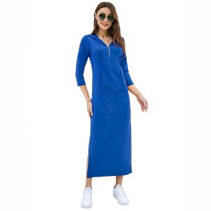 Coolmee Women Casual Maxi Dress Quarter-Zip Neck 3/4 Sleeve Slim Slit Pullover Hoodie Long Dress with Front Pocket - 1 of 4