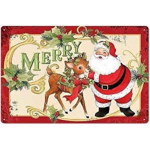Lomsoe Merry Christmas Santa Reindeer Christmas Decorations Rustic Aluminum Wall Art Christmas Metal Tin Sign Christmas Gift 8x12in - 1 of 1