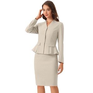 INSPIRE CHIC Women's Long Sleeve Collarless Peplum Blazer and Pencil Skirts Suit Set 2 Pcs - 1 of 4
