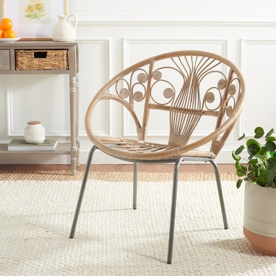 Transitional Grey Floral Rattan Accent Chair with Metal Legs