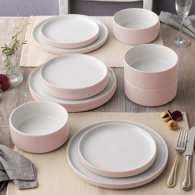Blush and White Porcelain 12-Piece Textured Dinnerware Set